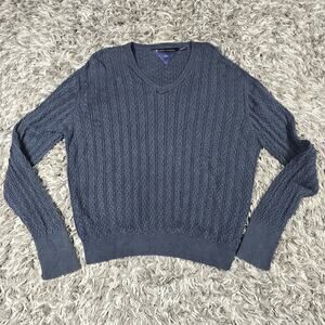 Henry Jacobson Sweater Mens Large Blue V Neck Cable Knit Silk Cotton Pullover